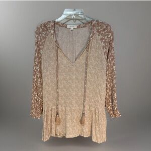 Becaal Floral VNeck Tassle Ruffle bottom blouse Size Lg Boho Peasant Cottagecore